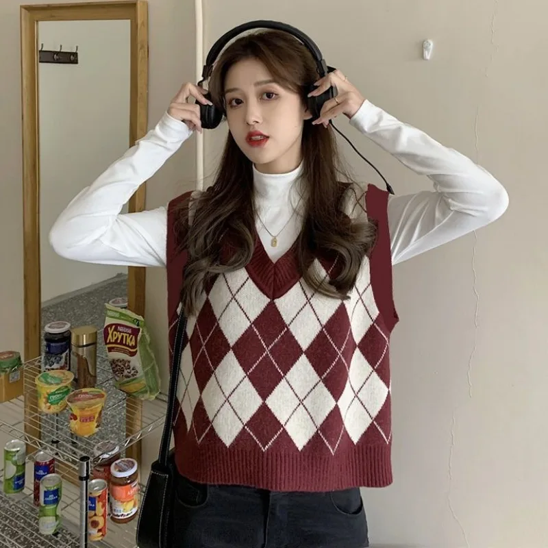 Street Fashion Vest - Sweater Vests Women Argyle Harajuku High