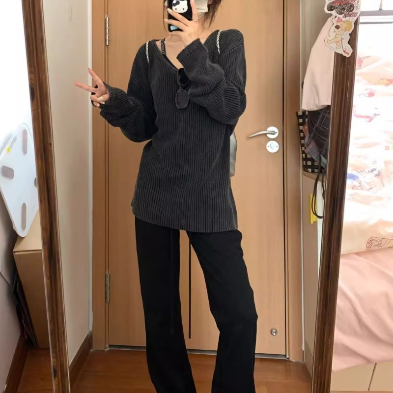 V-neck Washed Solid Color Casu - Street Fashion Winter 2025 评论和价格