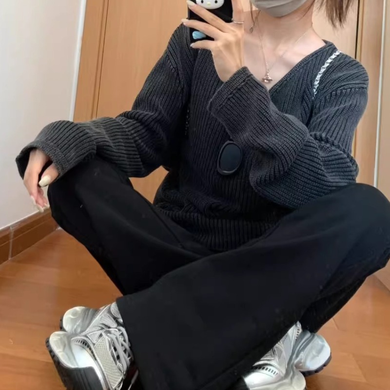 V-neck Washed Solid Color Casu - Street Fashion Winter 2025 评论和价格