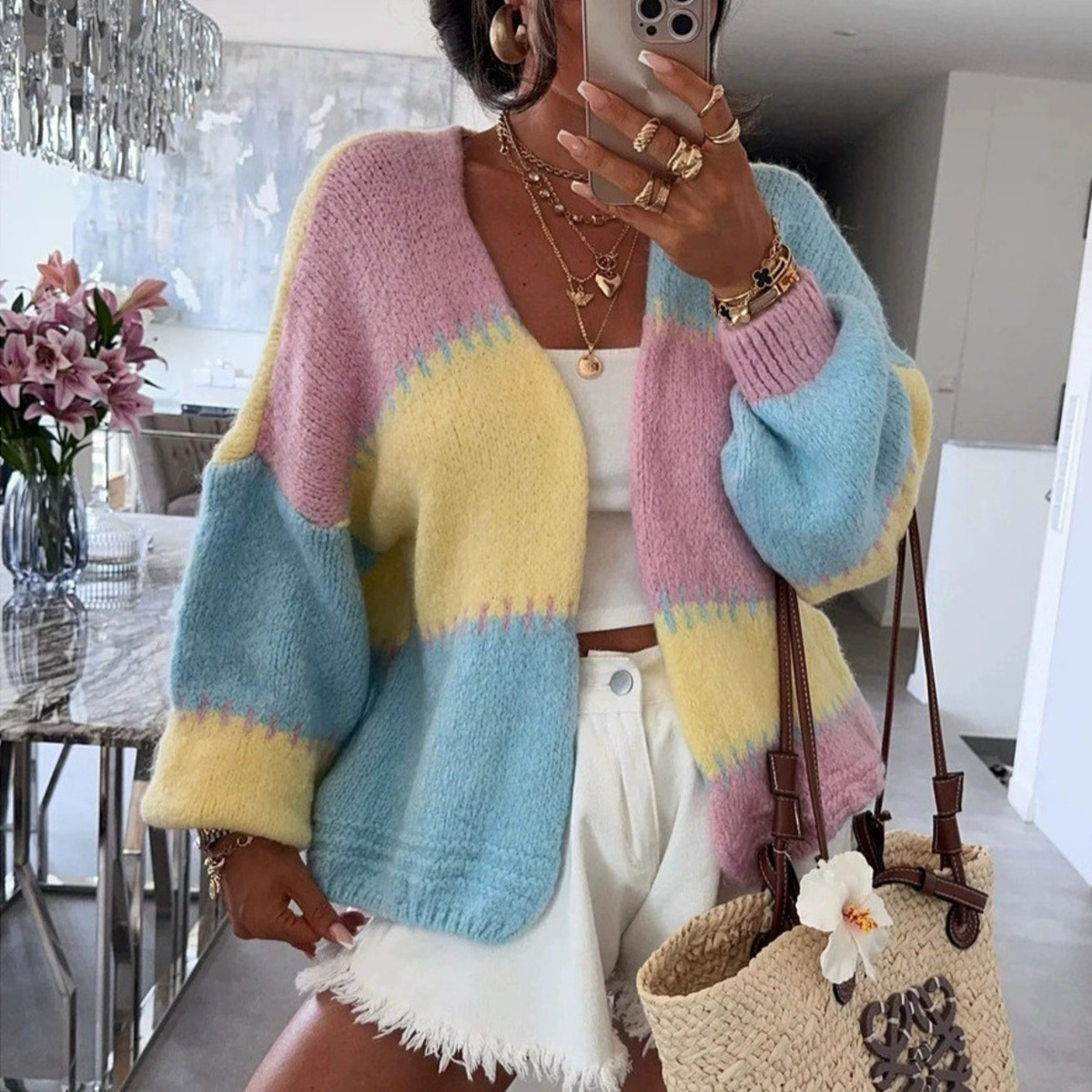Color Block Patchwork Cardigan - Street Fashion Winter 2025 评论和价格