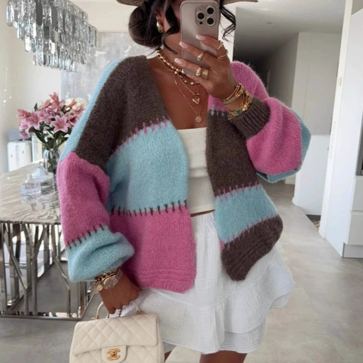 Color Block Patchwork Cardigan - Street Fashion Winter 2025 评论和价格