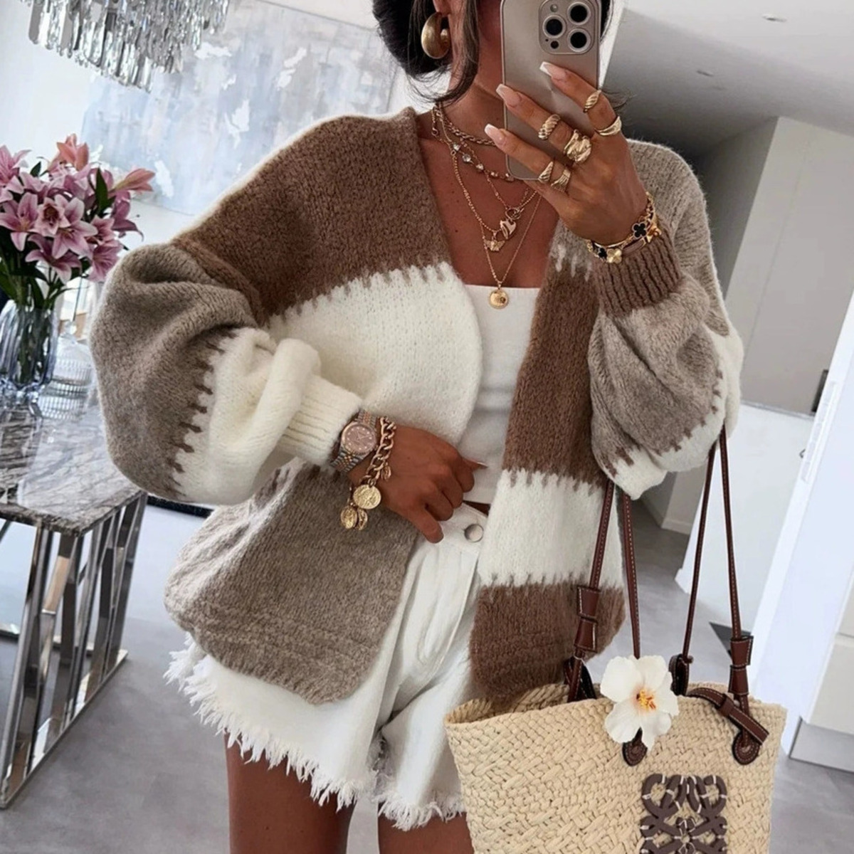 Color Block Patchwork Cardigan - Street Fashion Winter 2025 评论和价格